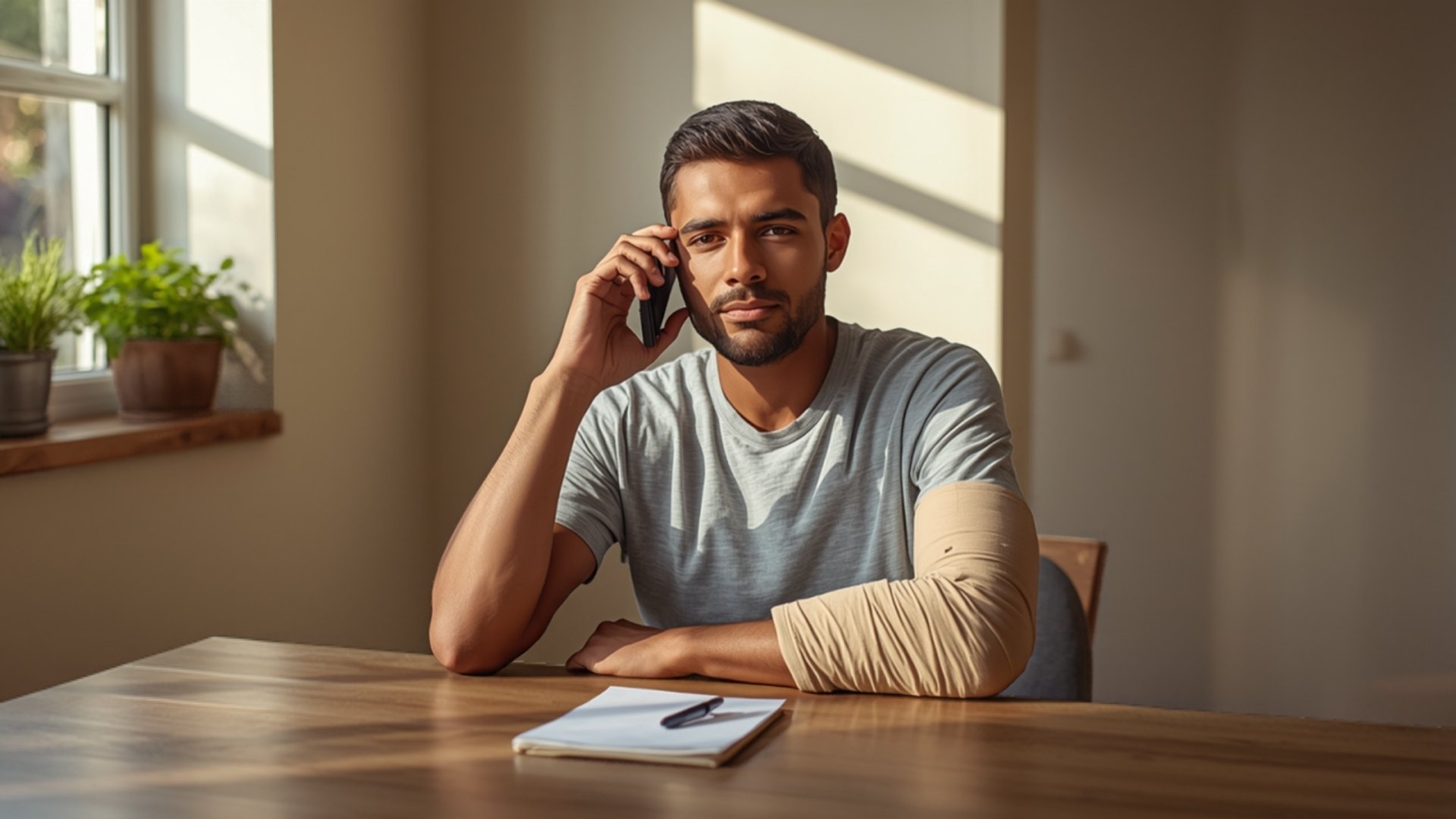 A man with a bandaged arm talks on his phone at a kitchen table
